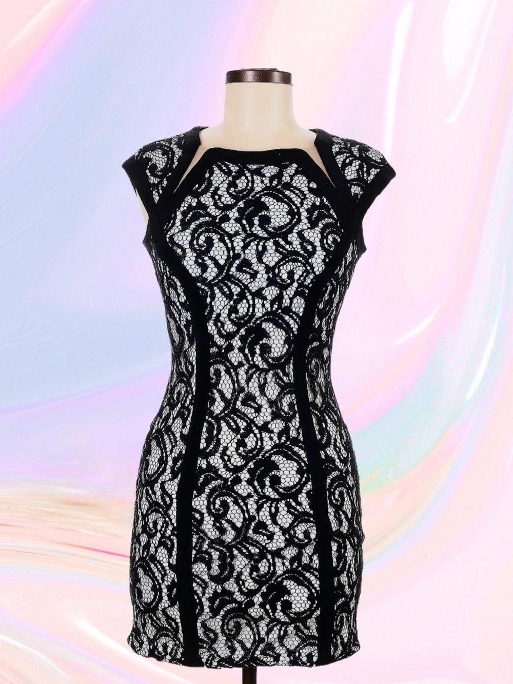 Joseph Ribkoff Black & White Lace Sheath Cocktail Dress Size 8 Cap Sleeve